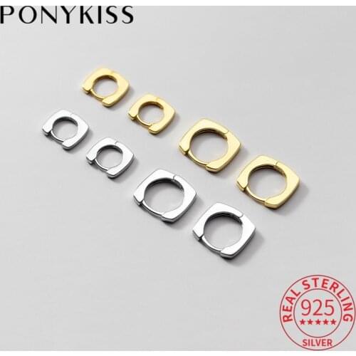 PONYKISS Classic S925 Sterling Silver Glossy Square Hollow Huggie Geometry Hoop Earrings for Women Party Fine Jewelry Accessory