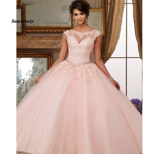 Puffy Peach Cheap Quinceanera Dresses Ball Gown Cap Sleeves Tulle Appliques Lace Crystals Sweet 16 Dresses