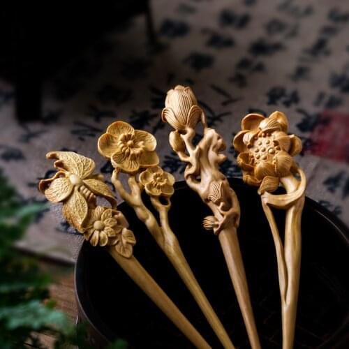 Boxwood 16cm Hair Stick Statue Hairpin Chinese Ancient Rhyme Hair Plum Headdress Lucky Chinese Flower Wood Hair Stick