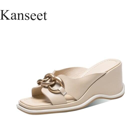Kanseet Fashion Metal Chain Women Sandals Beige Genuine Leather Shoes Handmade Square Toe Wedges Summer Slipper Ladies Footwear