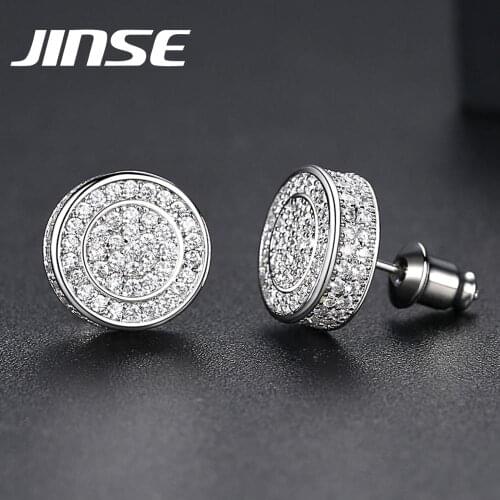 JINSE 11mm Round Iced Cubic Zirconia Stud Earrings For Men Gold Silver Color Rhinestone Earring Fashion Hip Hop Jewelry Gift