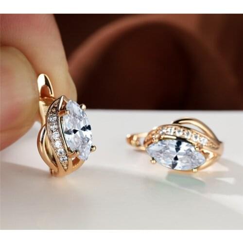 Rose Gold Color Wedding Earrings Rainbow Zircon Geometric Stone Creative Earrings Marquise Crystal Small Hoop Earrings For Women
