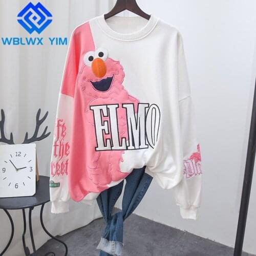 Cartoon Embroidery Hoodies Women Fashion O-Neck Cotton Sweatshirt Long Sleeve Pullovers Female Loose Oversize Tops Sweatshirts
