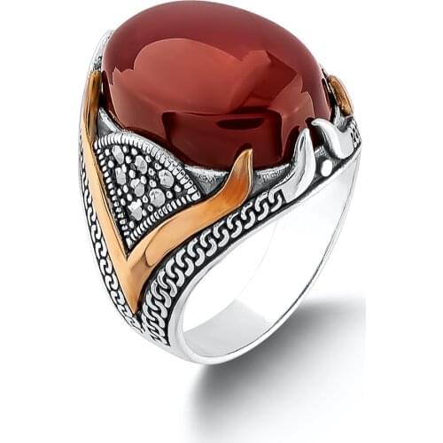Ornate Model Red Agate Silver Ring, Islamic Ring Turkish Men Ring, Handmade Men Jewelry Gifts For Father 925 Sterling Silver