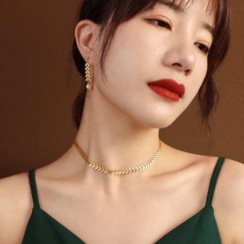 YAONUAN Plated Gold Necklace/Earrings INS Style Wheat Ear Leaves Pearl Pendant Fashion Jewelry Sets For Women Party Accessories