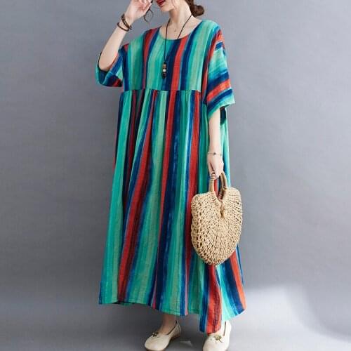 WomenS Clothing Dress Oversize Loose Casual Cotton Long Midi Dress For Women Robe Femme Summer Striped Boho Beach Vestidos 2021