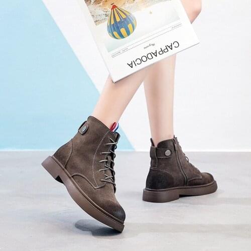 Women Leather Shoes For Winter Boots Lace Up Round Toe Coffee Woman Casual Spring Mujer Female Ankle Boots