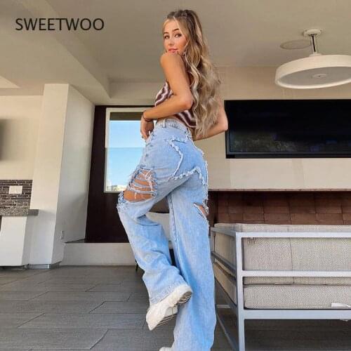 2021 Summer New Casual High Street Cotton Jeans Women Ripped Loose Wide-Leg Pants Five-Pointed Star Hip Seam Women