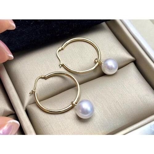 MADALENA SARARA Pure 18k Gold Earrings Round 7-8MM Pearl Circle Simple Style Women Dangle Earrings