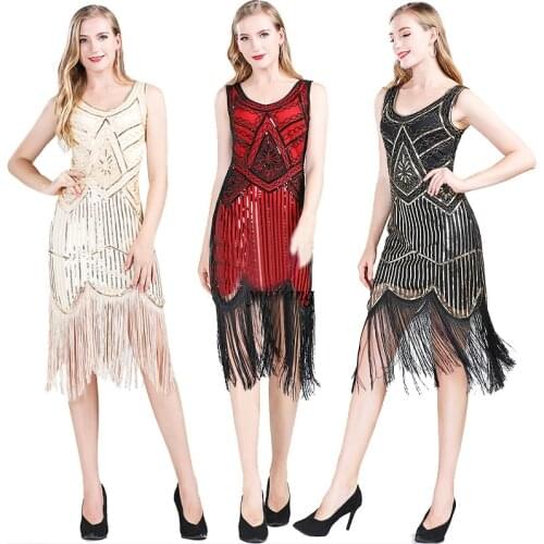 Women Party Dress Performance Latin Dance Dress 1920s Flapper Sequin Fringe Midi Dress Vestido Summer Art Deco Retro Lady Dress