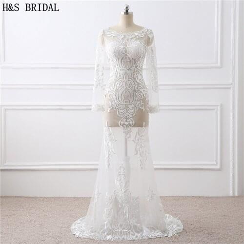 H&S BRIDAL White Ivory O Neck Embroidered Sexy Prom Dresses Long Sleeve Sexy Evening dress Back Lace up Sexy Party Evening Gown