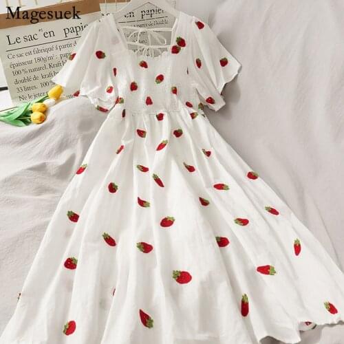 2021 Women Summer Dress Korean Vintage A-line White Square Neck Beach Party Dresses Kawaii Puff Sleeve Maxi Dress Clothes 14547