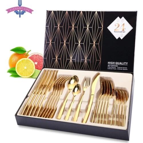 24PCS Tableware Gold Cutlery Set Dishes Dinnerware Set Knives Forks Spoons Western Kitchen 18/10 Stainless Steel Dinner Gift