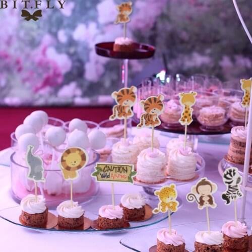 24 pcs cartoon wild Animal cup cake topper Wild Jungle Animal Theme party kids birthday party amusement cupcake flag supplies