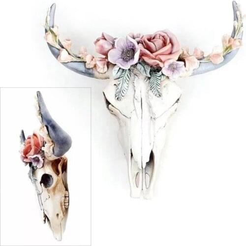 3D Animal Wildlife Resin Longhorn Cow Skull Head Wall Hanging Decor Sculpture Figurines Crafts Horns For Home Halloween Decor
