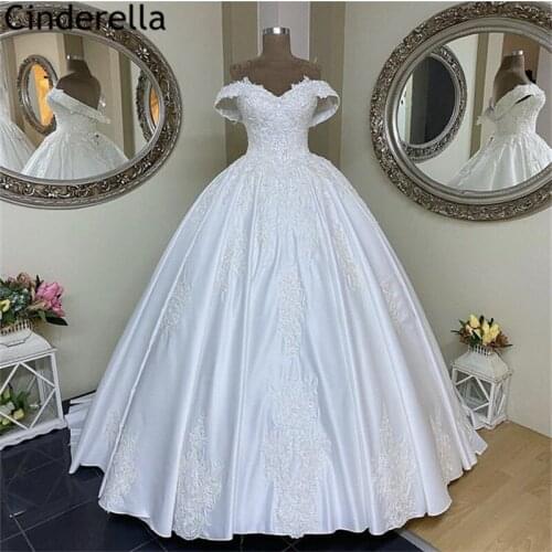 Satin Wedding Dresses Off The Shoulder V-Neck A-Line Satin Lace Applique Wedding Dresses With Lace Up Back vestido de noiva