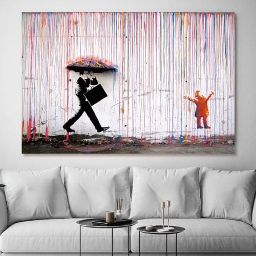 Banksy Walking In The Rain Street Graffiti Wall Art Canvas Paintings on The Wall Posters and Prints for Living Room Decor