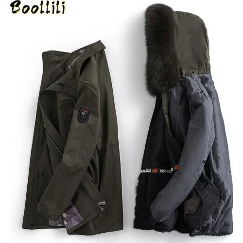 Boollili Fox Fur Collar Parka Mens Jackets Coats Real Rabbit Fur Liner Coat Winter Jacket Men Long Coats Warm Parkas