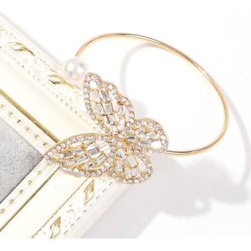 Gold-color Butterfly Bracelets Crystal Rhinestone Wide Wrap Arm Bracelet Cuff Imitation Pearl Opening Bangles New Jewelry