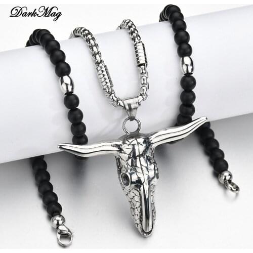 DarkMag Vintage Bull Skull Men Pendant Necklace Stainless Steel Buffalo Cattle American Western National Style Denim Jewelry