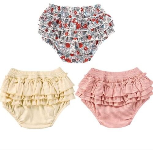 Toddler Girl Shorts Summer Flower Printed Cake-Layered Big Bottom High-Waist Striped Ruffles Shorts Clothes