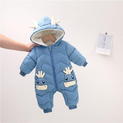 2021 Baby Winter Snowsuit Plus Velvet Thick Baby Boys Jumpsuit Baby Winter Rompers Cartoon Hooded Snow Clothing Rompers 0-3yrs