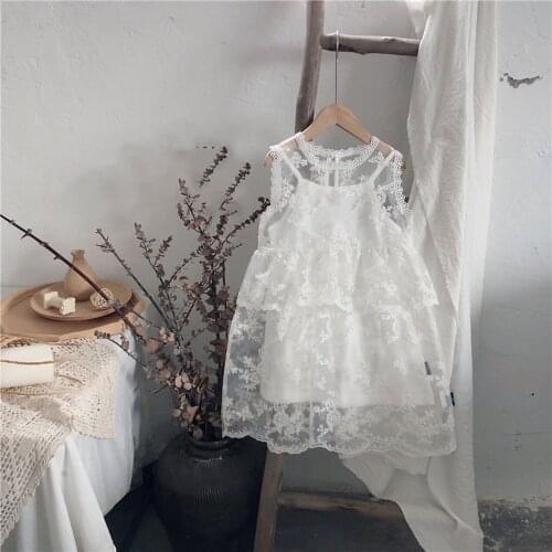 Hollead White Mesh Embroidered Girl Kids Dresses Cotton Lining+Lace Dresses 2Pcs/Set Wedding Birthday Party Childrens Clothing