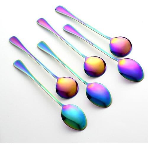6Pcs Stainless Steel Long-handled Spoon Rainbow Dessert Ice Cream Coffee Spoon Stirring Teaspoons Coffee Spoon Flatware Set