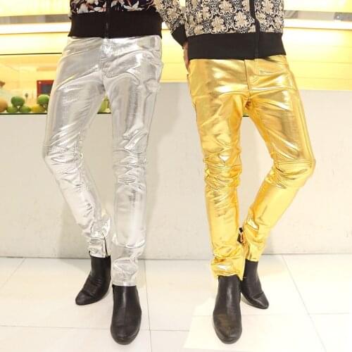 Men slim fit trousers 2018 Sexy mens gold leather dance pants tight trousers personalized silver men leather pants waterproof