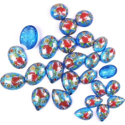 Ipridy Blue color Flat Teardrop Oval Cabochons Beads combination with Vintage Japanese Colored Drawing for DIY Jewelry Making