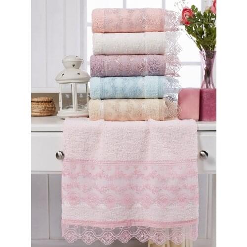 6 Pcs 50x90cm %100 Cotton Face Towel, Plain Dyed, With Lace, Solid Woven Unisex Super Absorbent Soft Home Textile