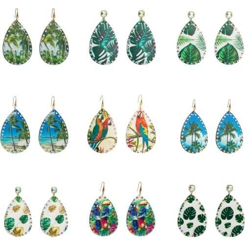 Bohemian Leopard Pattern Leather Print Side Paste Crystal Earrings Vintage Teardrop Animals Print Large Leaf Girl Ear Jewelry