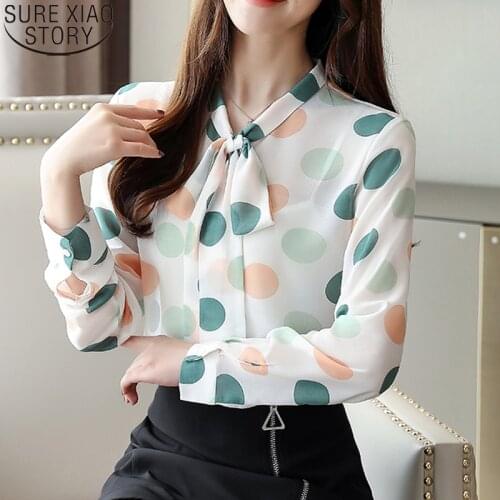 Chiffon Long Sleeve Shirt Blusas Mujer De Moda 2021 Spring Fashion Women Tops Carrot Color Sweet Dot Women Blouses Bow 8364 50