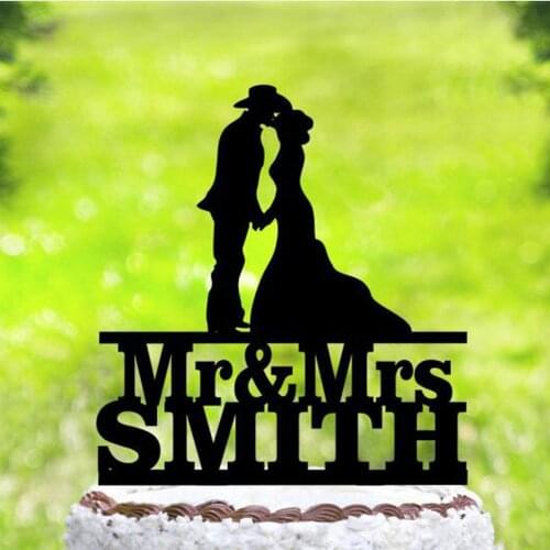 Custom name Wedding in the Style of the Cowboys cake topper,Bride&Groom Wedding Silhouette Topper,Mr and Mrs Western Cake Topper