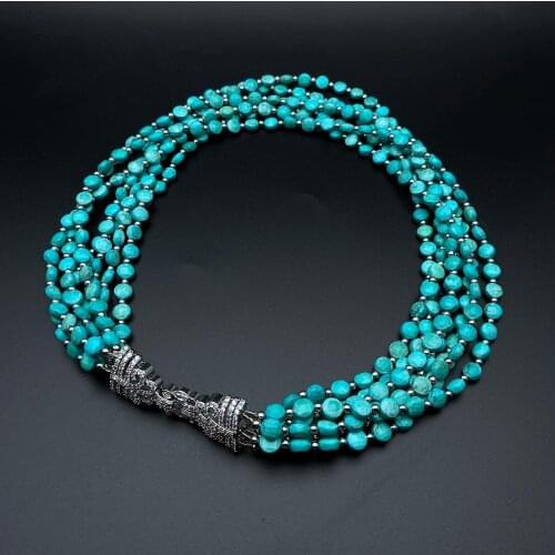 Y·YING 7 Rows Faceted Coin Shape Green Turquoise Necklace Cubic Zirconia Pave Clasp