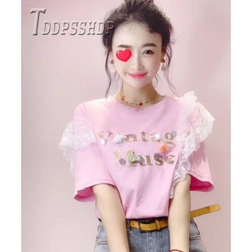 2019 3 Colors Can Choose Women T Shirt Round Neck Short Sleeve Lace Decor Female Tee Shirts