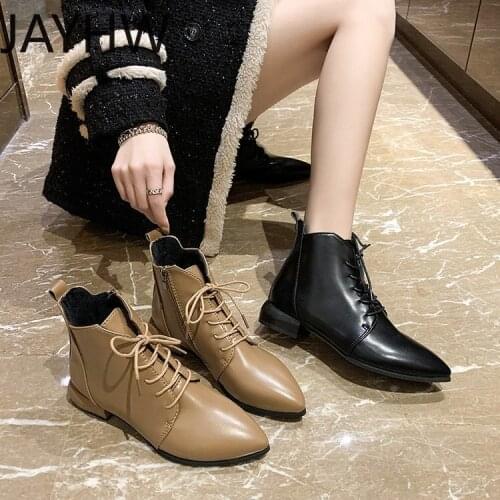 Womens Short Boots Winter Pointed PU Plus Velvet Lace Warm Ankle Boots Chelsea Boots Womens Boots Leather Boots Women