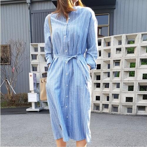 2021 Summer New Blue And White Striped Women Dresses Long Loose Shirt Lady Dresses Outwear Top Quality
