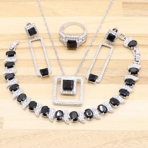 2019 Women Black Cubic Zirconia square Fashion Silver zircon wedding Jewelry Sets Angelic Necklace Ring Earring Bracelet