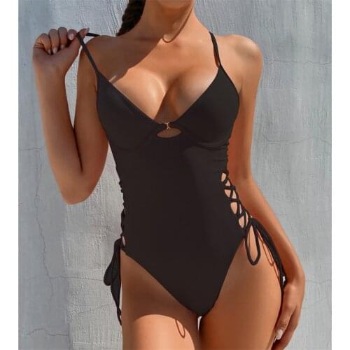 Push Up One Piece Swimsuits Womens Swimwear Lace-up Bodysuits Solid High Cut Bathers 2021 Sexy Backless Bathing Suits Swim Wear