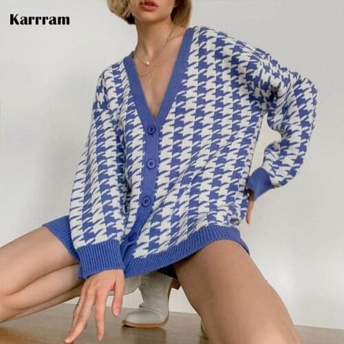 Karrram 2021 Sweater Womens Loose V-neck Houndstooth Long Sleeve Knit Cardigan Jacket Contrast Color Regular Sweater Women