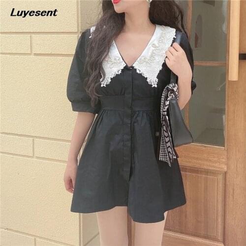 Black Lolita Lady Mini Empire Dress Summer White Peter Pan Collar Women Puff Short SLeeve Dresses Single Breasted Goth Vestidos
