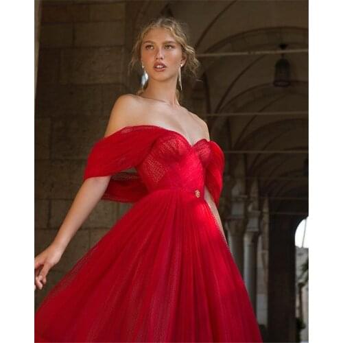 2021 A Line With Sleeves Lady Formal Party Gowns Verngo Sexy Red Off the Shoulder Evening Dresses Ankle Length