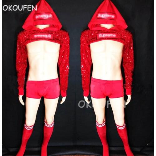 Bar nightclub male singer DS tide sexy red sequins half-length party costume suit Christmas costume