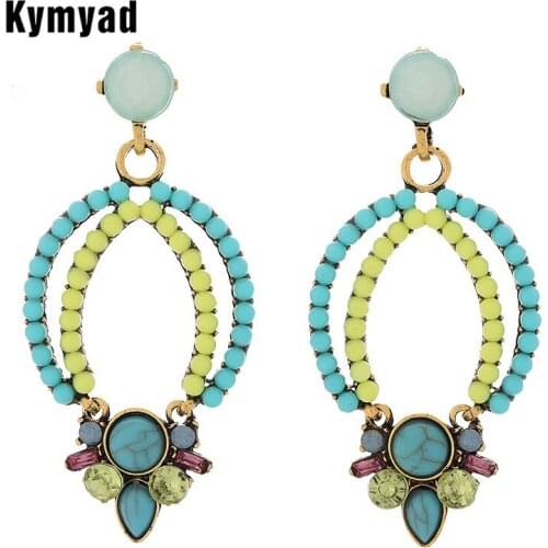 Kymyad Bohemian Vintage Earrings Geometric Long Earrings Resin Stone Drop Earings Fashion Jewelry Ethnic Round Statement Earring