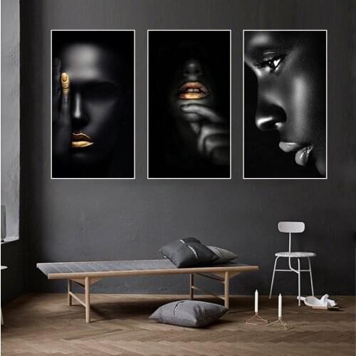 Black and Gold African Woman Face Portrait Poster Canvas Painting Posters and Prints Wall Art Picture for Living Room Decor