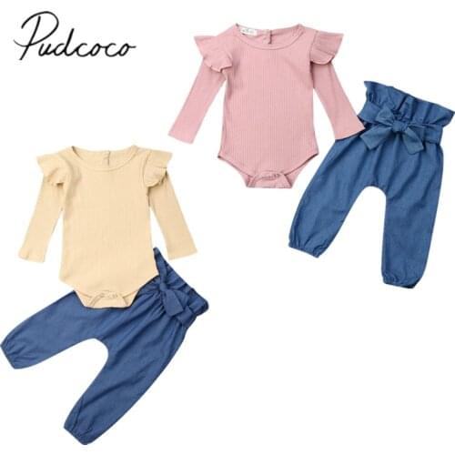 Pudcoco US Stock Sweet 0-24M Newborn Infant Baby Girl Fall Clothes Long Sleeve Solid Romper Top Bow Pants Trouser Cotton Set