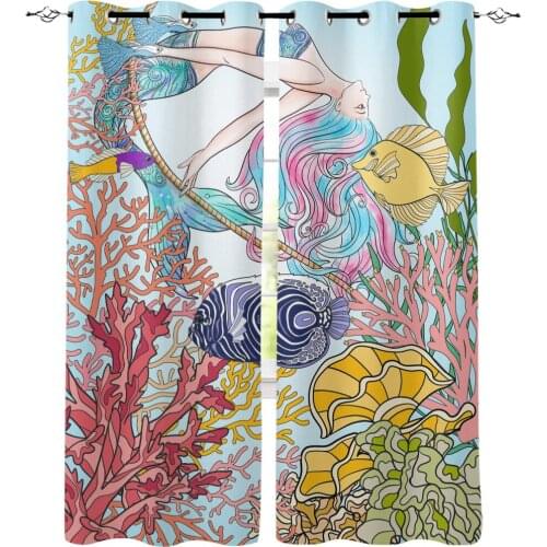 Beautiful Mermaid Fairy Tale Curtain Rod Curtains Bathroom Bedroom Fabric Drapes Kids Window Treatment Valances Sheer Curtains