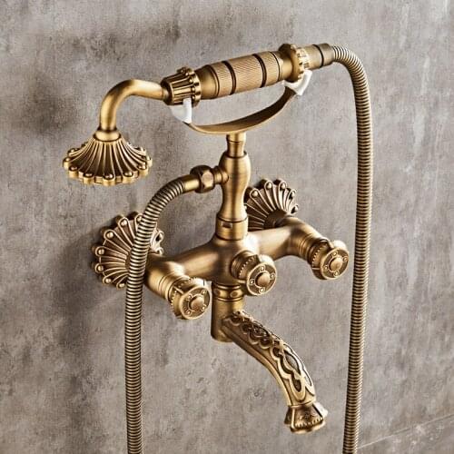 Brass Antique Luxury Bathroom Faucet Mixer Tap Wall Mounted Hand Held Shower Head Kit Shower Faucet Sets