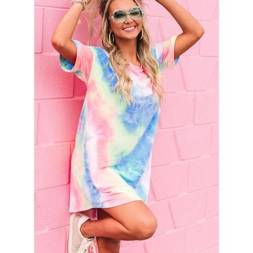 Printed Glamorous O-neck T Shirt Mini Dress Vestidos Rainbow 2020 New Fashion Sexy Loose Short Sleeve Casual Party Summer Women